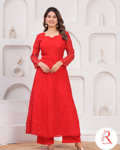 🌶️🌶️ Gulnar” – Red Gota Handworked Georgette Anarkali Set