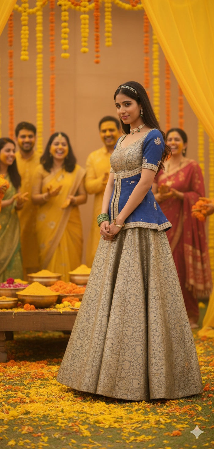 Heritage Gold Embroidered Blue Festive lehanga set