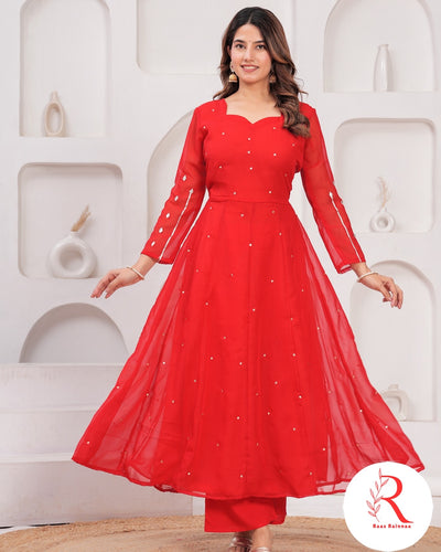 🌶️🌶️ Gulnar” – Red Gota Handworked Georgette Anarkali Set