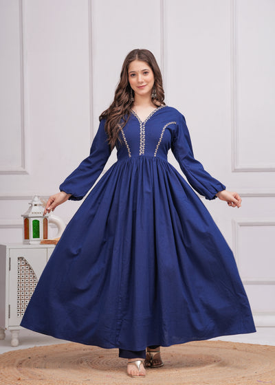 Neelrang – Royal Blue Handworked Cotton Anarkali Set