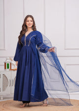 Neelrang – Royal Blue Handworked Cotton Anarkali Set