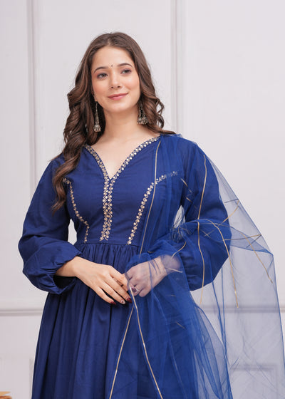 Neelrang – Royal Blue Handworked Cotton Anarkali Set