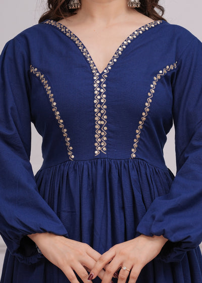 Neelrang – Royal Blue Handworked Cotton Anarkali Set