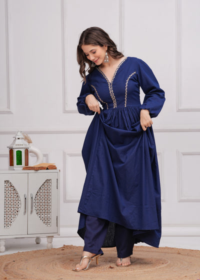 Neelrang – Royal Blue Handworked Cotton Anarkali Set
