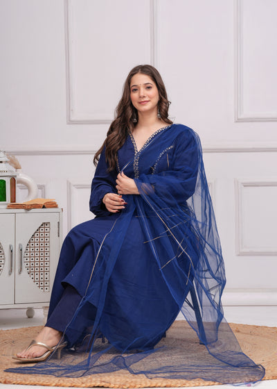 Neelrang – Royal Blue Handworked Cotton Anarkali Set