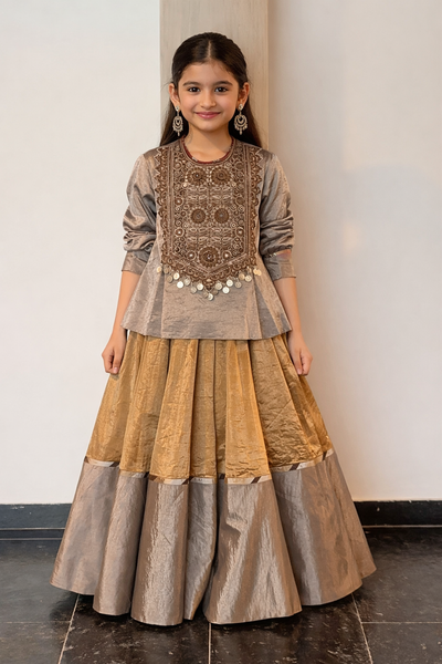 Antique Hand-Embroidered Peplum Kurti with Flared Lehenga Set